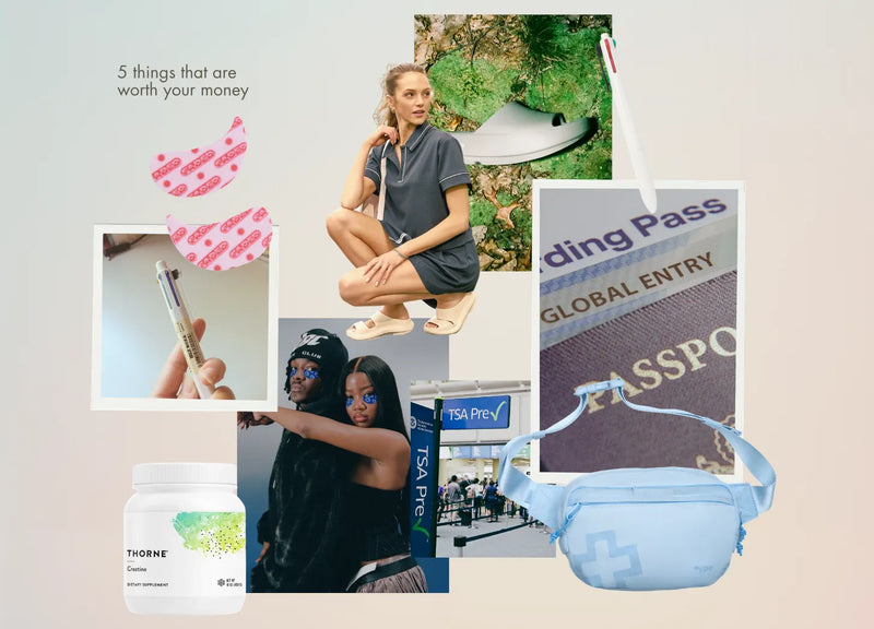 Collage of five things worth buying: Thorne creatine, Topicals under eye masks, a Muji multi-color pen, OOFOS recovery slides, a Global Entry passport and TSA PreCheck line, and a light blue Type A belt bag