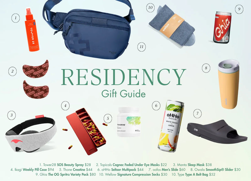 Residency gift guide collage with a navy Type A belt bag, Tower 28 face spray, Topicals under eye masks, Manta sleep mask, pill case, Thorne creatine, oHHo seltzer, OOFOS slides, Owala tumbler, Ghia spritz, and Wellow compression socks